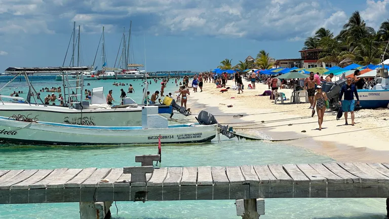  seashore coast seacoast sea-coast sandbar sand bar speedboat catamaran-0