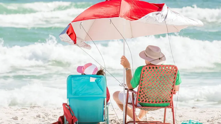  umbrella seashore coast seacoast sea-coast folding chair sandbar sand bar-0